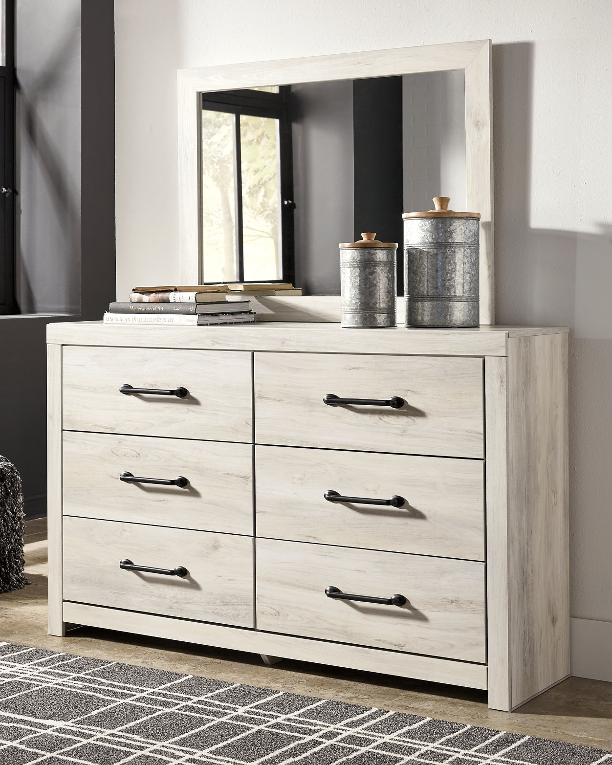 Cambeck Panel Bed With 2 Storage Drawers With Mirrored Dresser And Chest