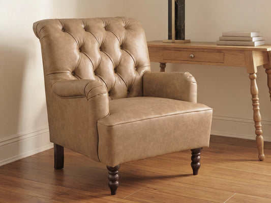 Tan tufted accent chair on a round living room rug