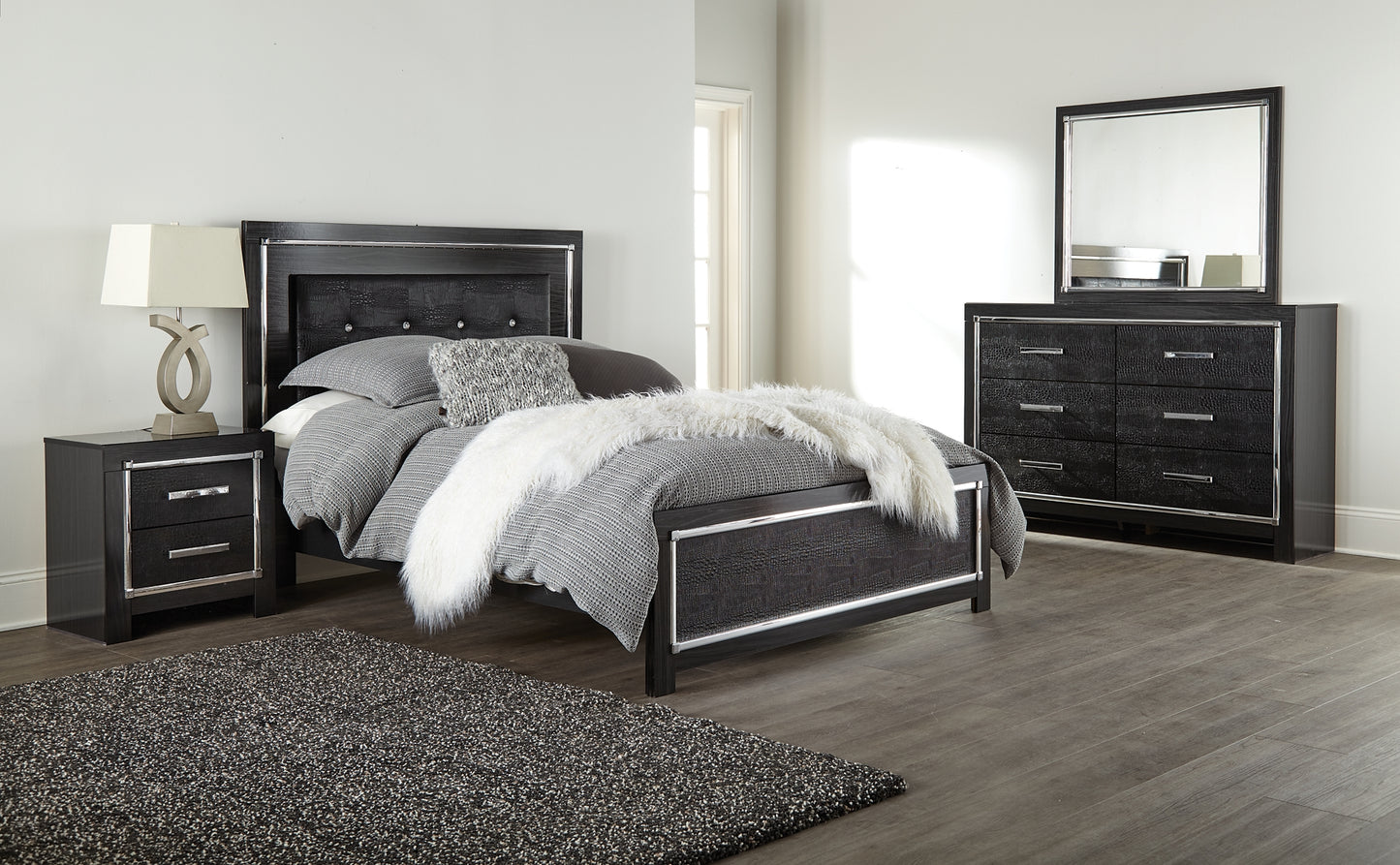 Kaydell Queen Upholstered Panel Bed with Mirrored Dresser Milwaukee Furniture of Chicago - Furniture Store in Chicago Serving Humbolt Park, Roscoe Village, Avondale, & Homan Square