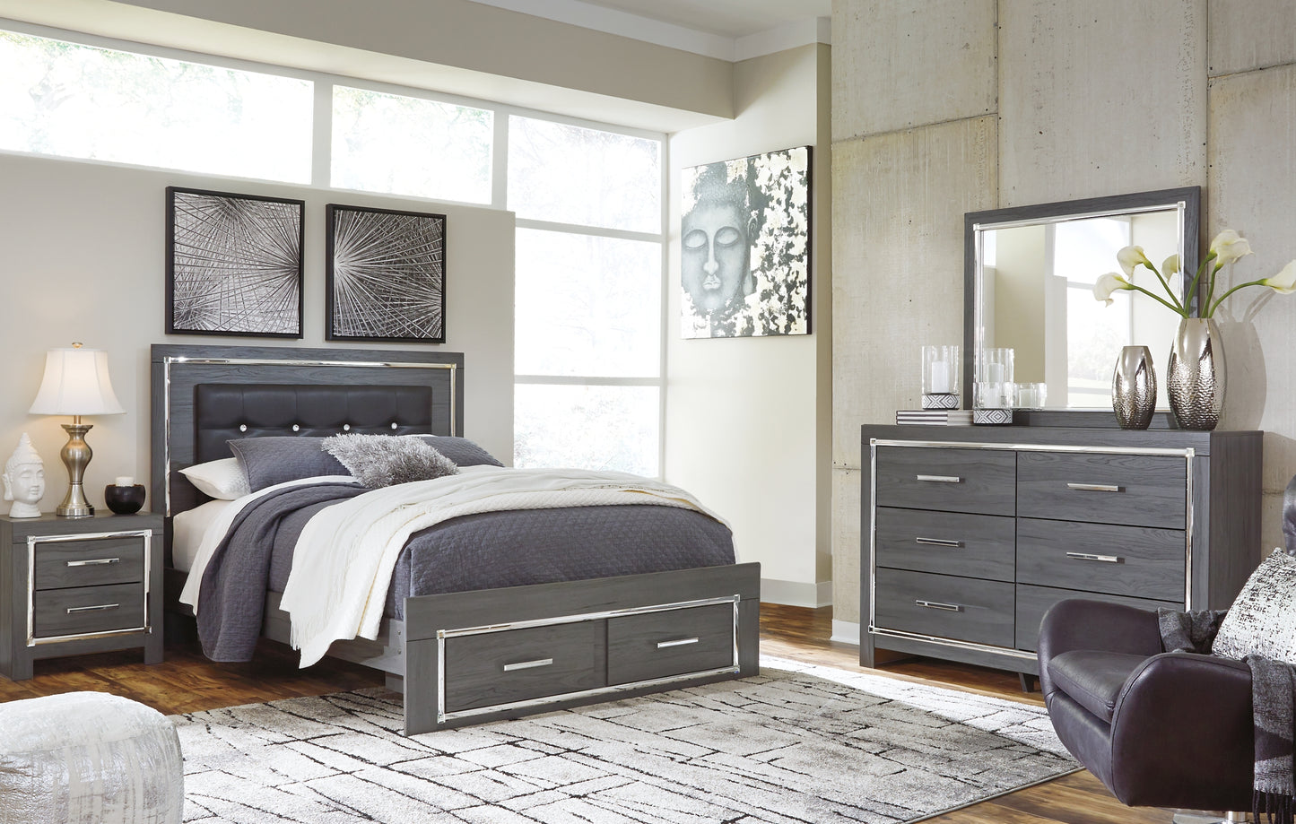 Lodanna Queen Panel Bed with 2 Storage Drawers with Mirrored Dresser, Chest and 2 Nightstands Milwaukee Furniture of Chicago - Furniture Store in Chicago Serving Humbolt Park, Roscoe Village, Avondale, & Homan Square