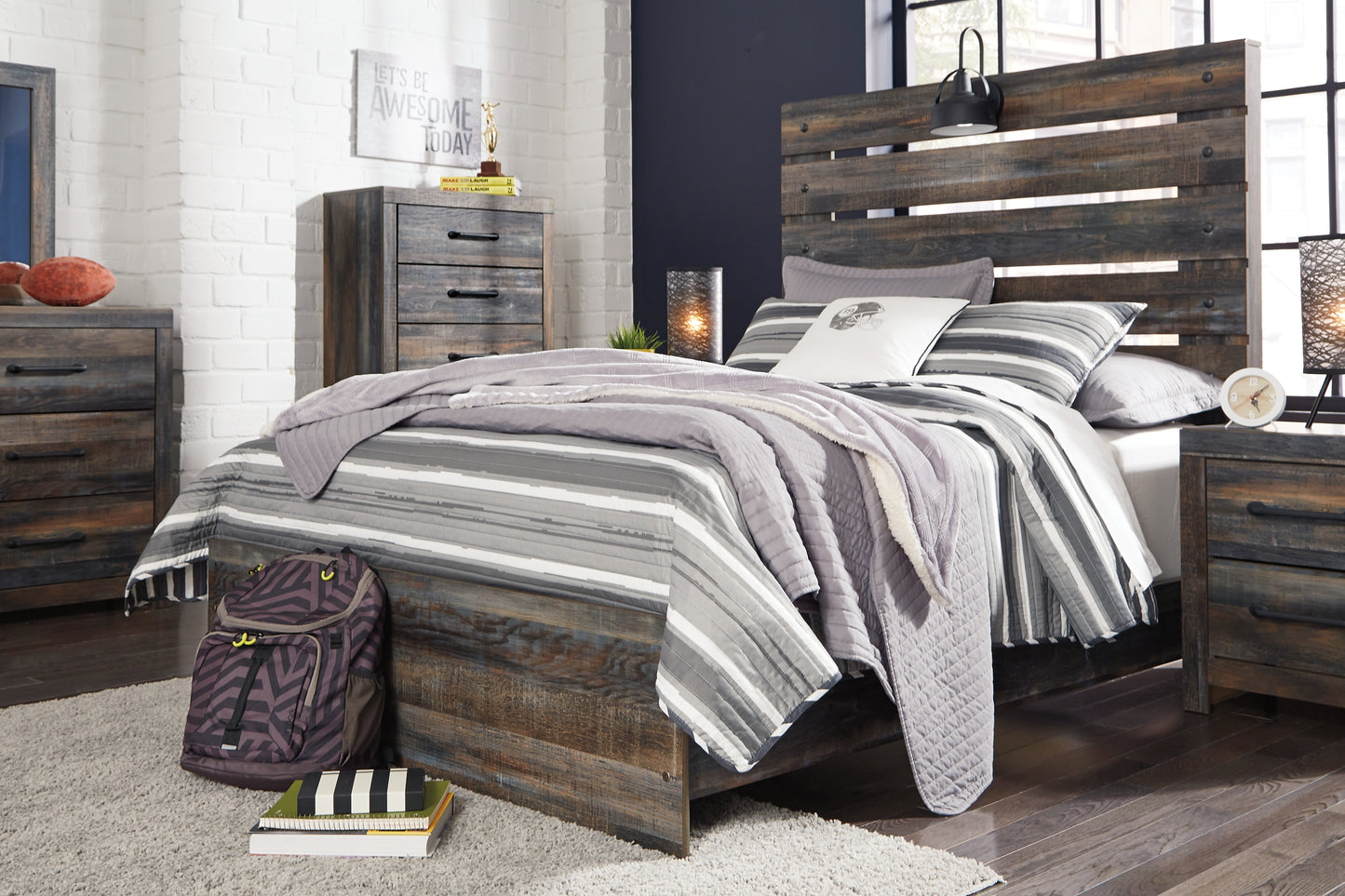 Drystan Full Panel Bed with 4 Storage Drawers with Mirrored Dresser and 2 Nightstands Milwaukee Furniture of Chicago - Furniture Store in Chicago Serving Humbolt Park, Roscoe Village, Avondale, & Homan Square