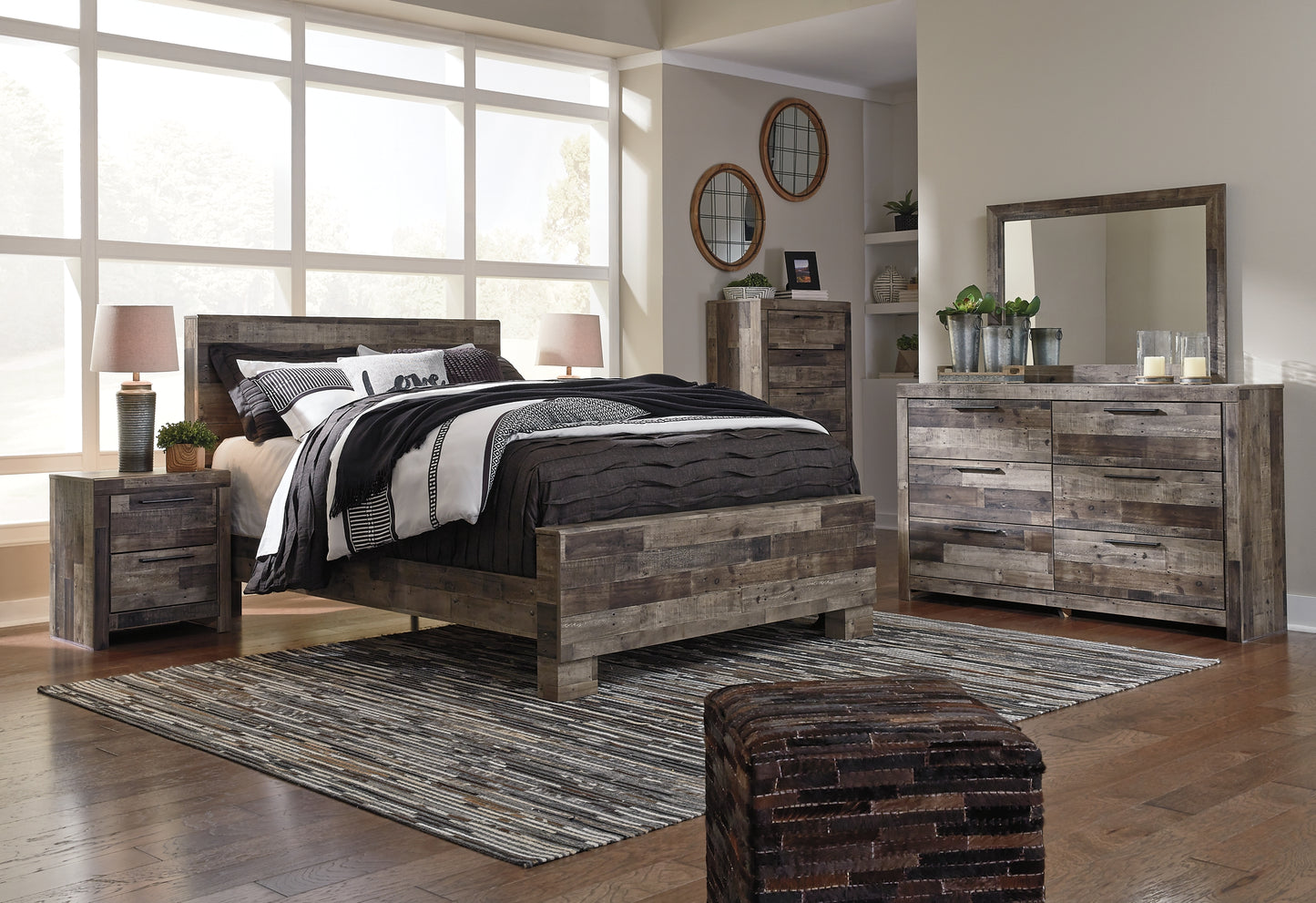 Derekson Queen Panel Bed with Mirrored Dresser, Chest and Nightstand Milwaukee Furniture of Chicago - Furniture Store in Chicago Serving Humbolt Park, Roscoe Village, Avondale, & Homan Square