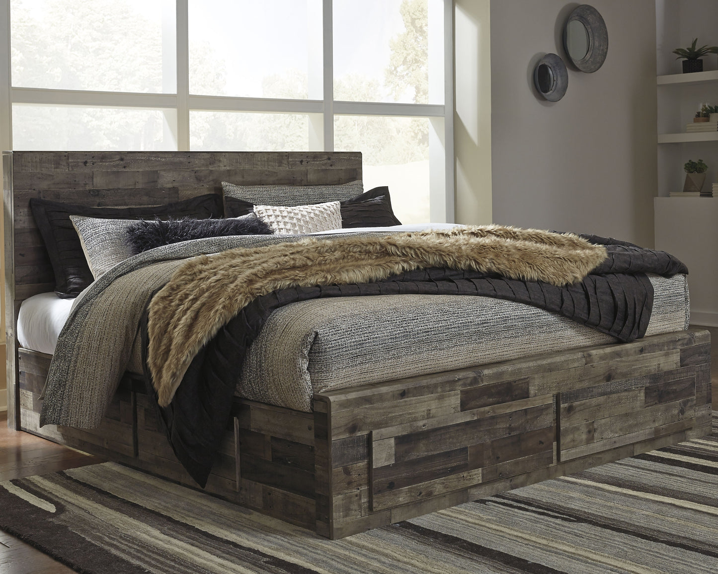 Derekson King Panel Bed with 4 Storage Drawers with Mirrored Dresser, Chest and Nightstand Milwaukee Furniture of Chicago - Furniture Store in Chicago Serving Humbolt Park, Roscoe Village, Avondale, & Homan Square