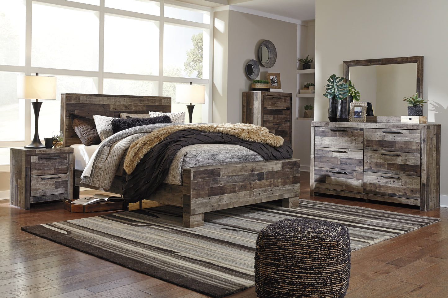 Derekson Queen Panel Bed with Mirrored Dresser, Chest and Nightstand Milwaukee Furniture of Chicago - Furniture Store in Chicago Serving Humbolt Park, Roscoe Village, Avondale, & Homan Square