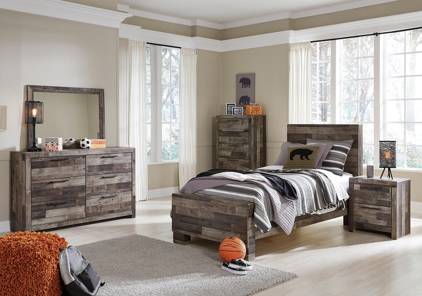 Derekson Twin Panel Bed with Mirrored Dresser, Chest and Nightstand Milwaukee Furniture of Chicago - Furniture Store in Chicago Serving Humbolt Park, Roscoe Village, Avondale, & Homan Square