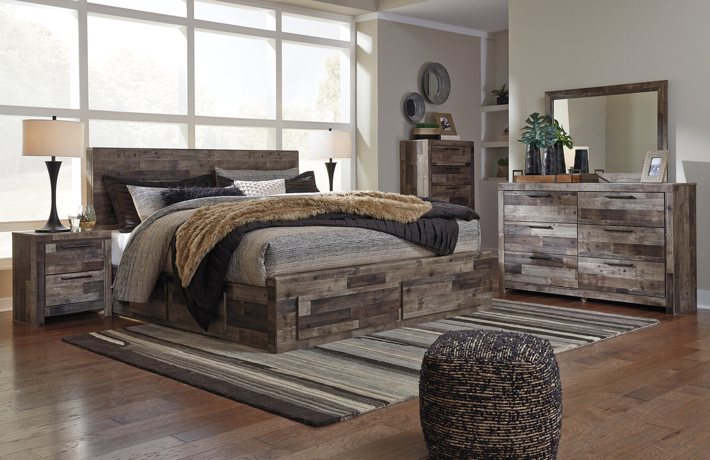 Derekson King Panel Bed with 4 Storage Drawers with Mirrored Dresser, Chest and Nightstand Milwaukee Furniture of Chicago - Furniture Store in Chicago Serving Humbolt Park, Roscoe Village, Avondale, & Homan Square