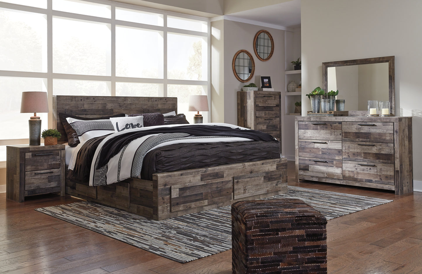 Derekson King Panel Bed with 4 Storage Drawers with Mirrored Dresser, Chest and Nightstand Milwaukee Furniture of Chicago - Furniture Store in Chicago Serving Humbolt Park, Roscoe Village, Avondale, & Homan Square