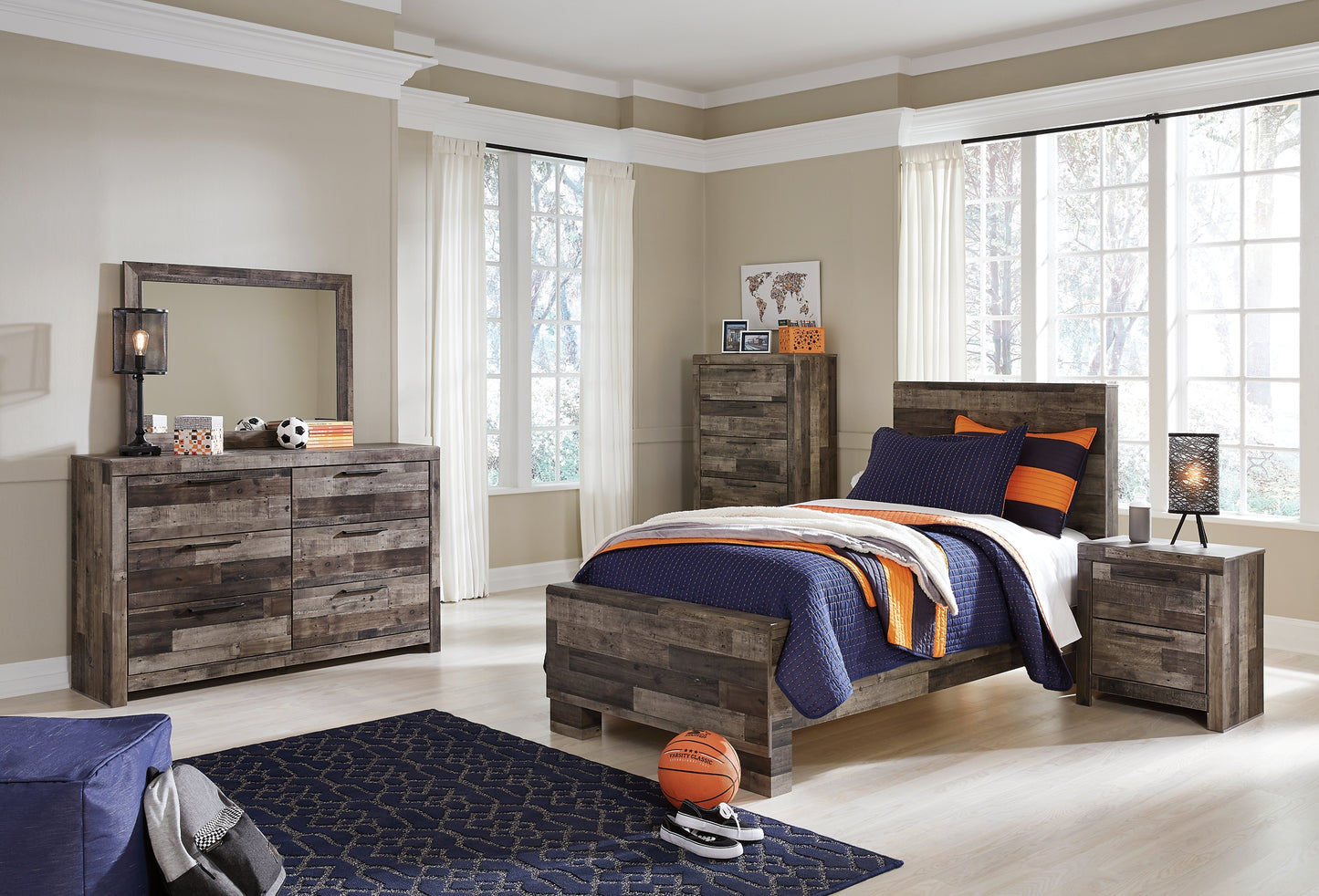 Derekson Twin Panel Bed with Mirrored Dresser, Chest and Nightstand Milwaukee Furniture of Chicago - Furniture Store in Chicago Serving Humbolt Park, Roscoe Village, Avondale, & Homan Square