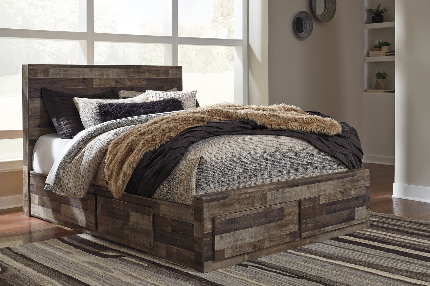 Derekson Queen Panel Bed with 6 Storage Drawers with Mirrored Dresser and 2 Nightstands Milwaukee Furniture of Chicago - Furniture Store in Chicago Serving Humbolt Park, Roscoe Village, Avondale, & Homan Square