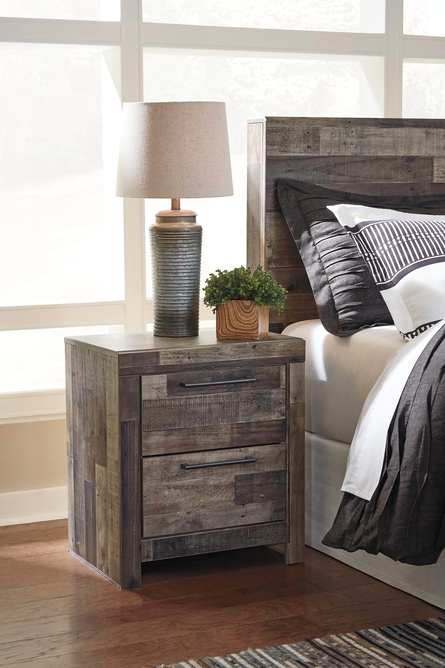 Derekson Queen Panel Bed with 6 Storage Drawers with Mirrored Dresser and 2 Nightstands Milwaukee Furniture of Chicago - Furniture Store in Chicago Serving Humbolt Park, Roscoe Village, Avondale, & Homan Square