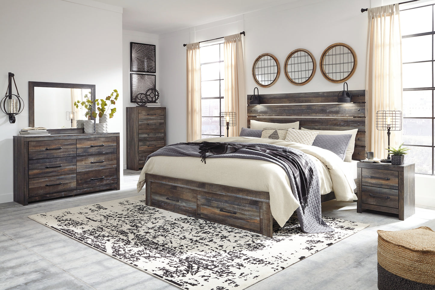 Drystan Queen Panel Bed with 2 Storage Drawers with Mirrored Dresser, Chest and Nightstand Milwaukee Furniture of Chicago - Furniture Store in Chicago Serving Humbolt Park, Roscoe Village, Avondale, & Homan Square