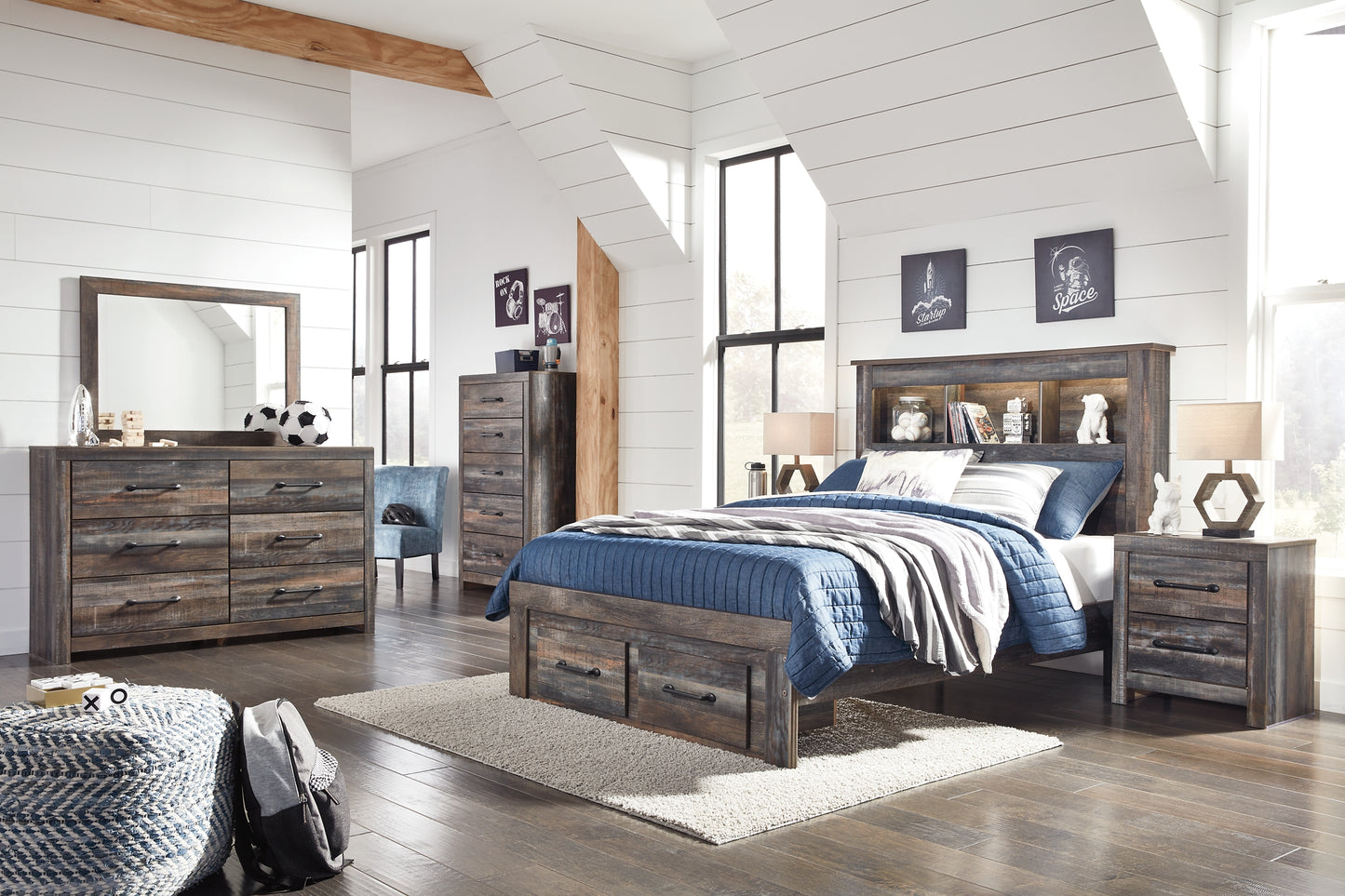 Drystan Full Bookcase Bed with 2 Storage Drawers with Mirrored Dresser, Chest and 2 Nightstands Milwaukee Furniture of Chicago - Furniture Store in Chicago Serving Humbolt Park, Roscoe Village, Avondale, & Homan Square