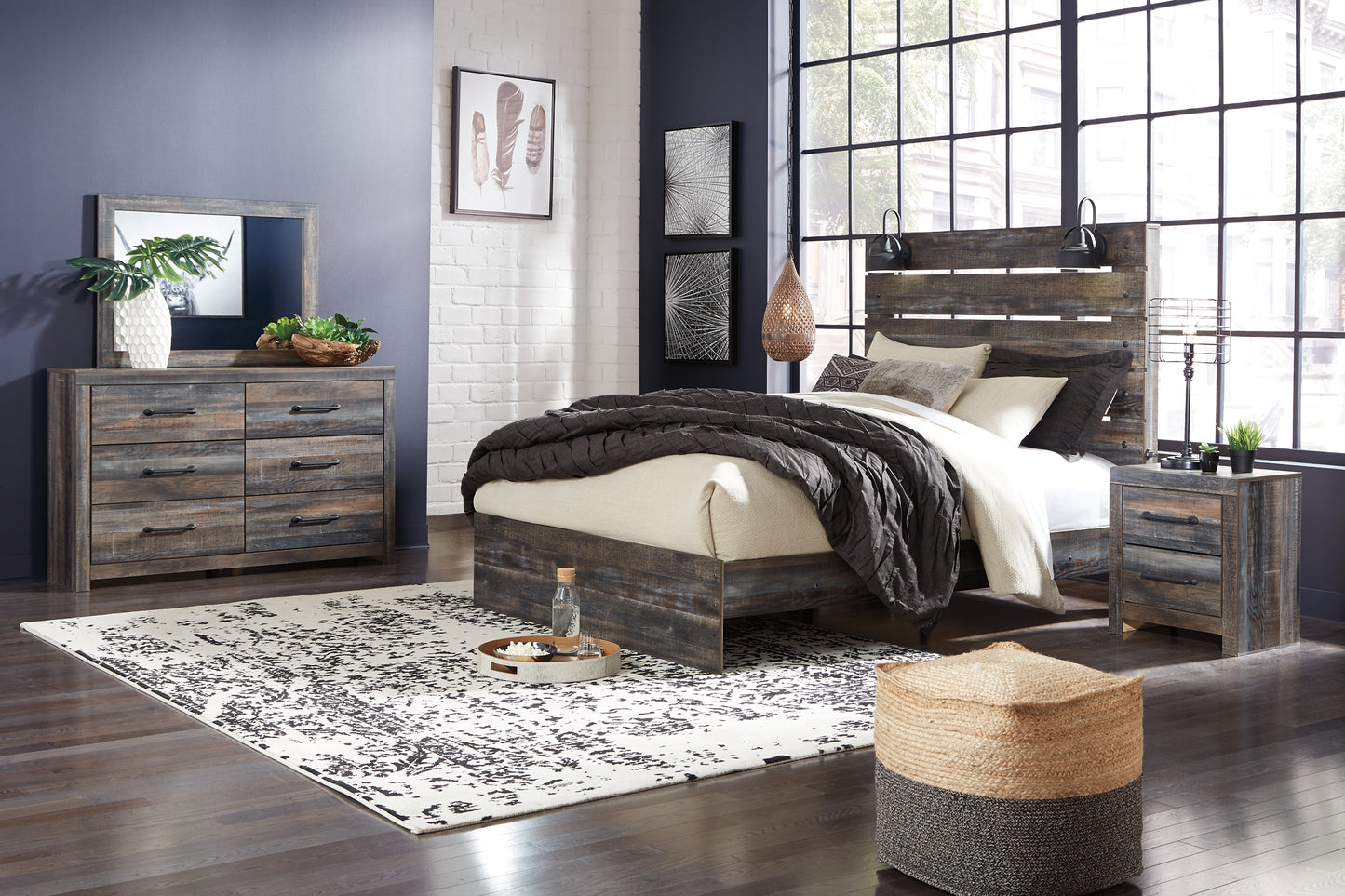 Drystan Queen Panel Bed with Mirrored Dresser Milwaukee Furniture of Chicago - Furniture Store in Chicago Serving Humbolt Park, Roscoe Village, Avondale, & Homan Square