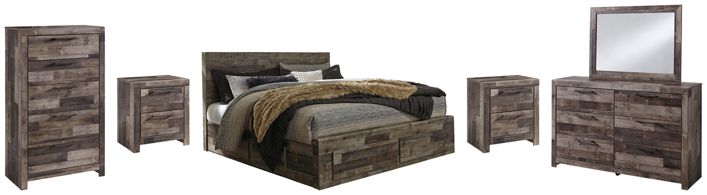 Derekson King Panel Bed with 4 Storage Drawers with Mirrored Dresser, Chest and 2 Nightstands Milwaukee Furniture of Chicago - Furniture Store in Chicago Serving Humbolt Park, Roscoe Village, Avondale, & Homan Square