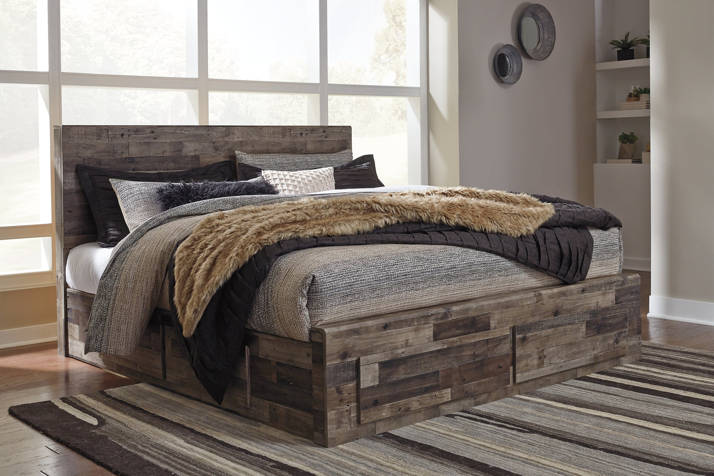 Derekson King Panel Bed with 6 Storage Drawers with Mirrored Dresser and Chest Milwaukee Furniture of Chicago - Furniture Store in Chicago Serving Humbolt Park, Roscoe Village, Avondale, & Homan Square