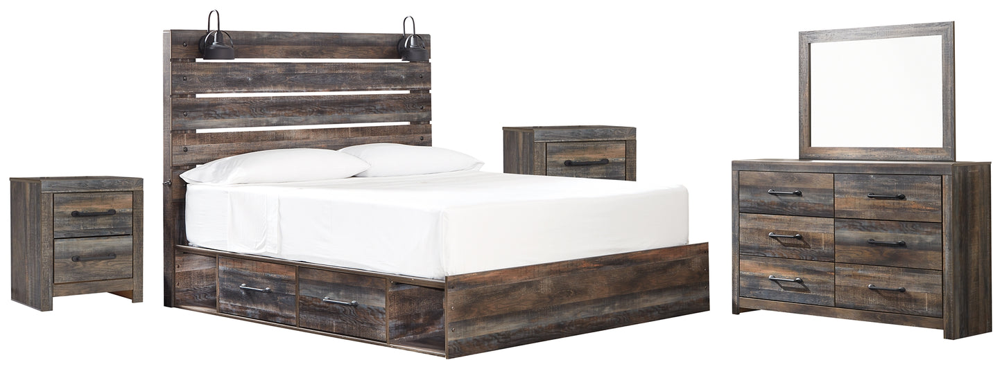 Drystan King Panel Bed with 4 Storage Drawers with Mirrored Dresser and 2 Nightstands Milwaukee Furniture of Chicago - Furniture Store in Chicago Serving Humbolt Park, Roscoe Village, Avondale, & Homan Square