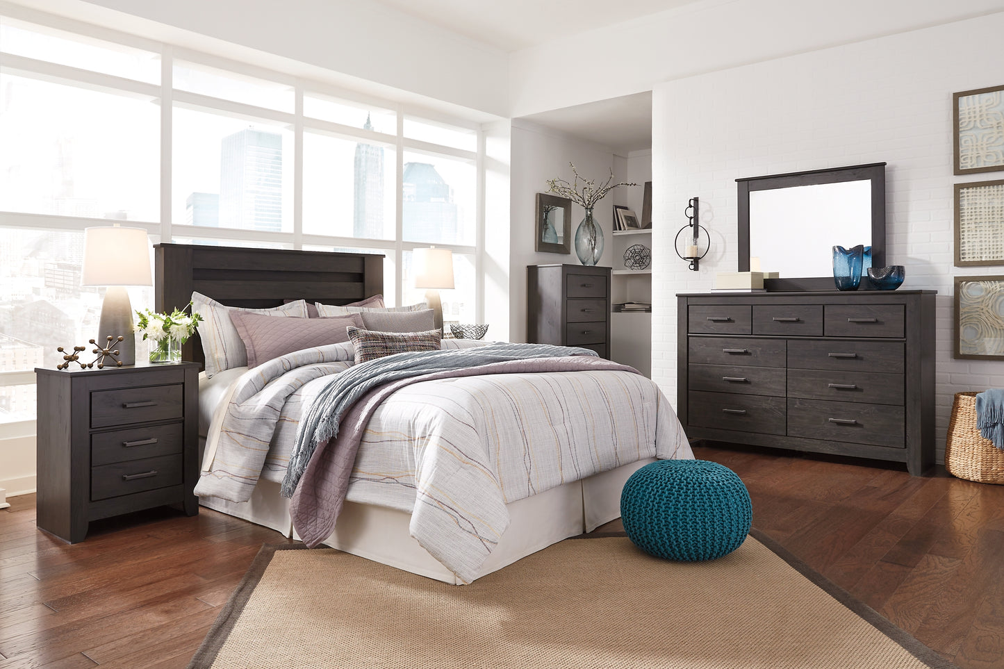 Brinxton King/California King Panel Headboard with Mirrored Dresser, Chest and Nightstand Milwaukee Furniture of Chicago - Furniture Store in Chicago Serving Humbolt Park, Roscoe Village, Avondale, & Homan Square