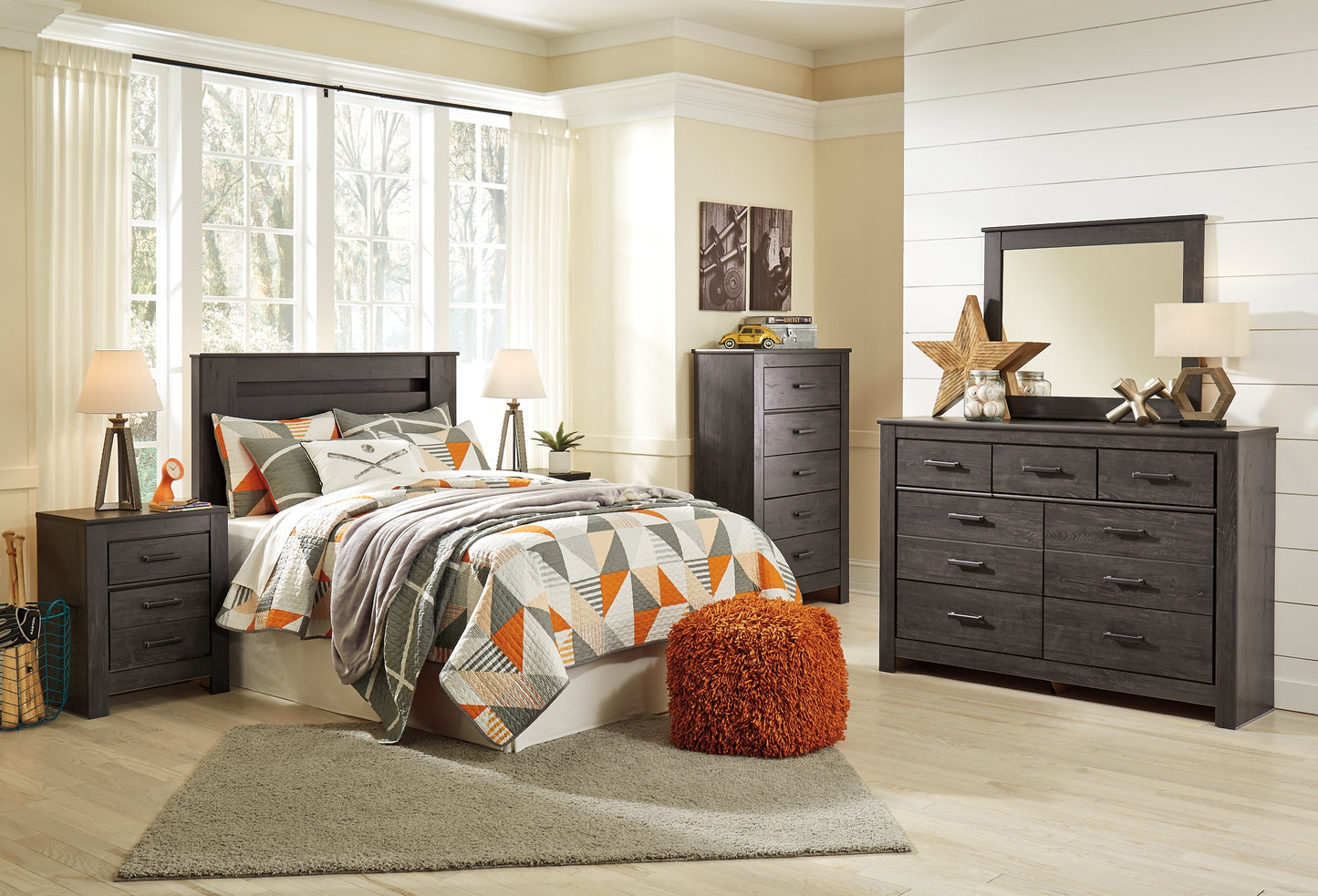 Brinxton Queen/Full Panel Headboard with Mirrored Dresser, Chest and 2 Nightstands Milwaukee Furniture of Chicago - Furniture Store in Chicago Serving Humbolt Park, Roscoe Village, Avondale, & Homan Square