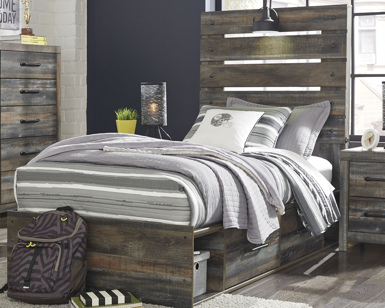 Drystan Twin Panel Bed with 4 Storage Drawers with Mirrored Dresser and Chest Milwaukee Furniture of Chicago - Furniture Store in Chicago Serving Humbolt Park, Roscoe Village, Avondale, & Homan Square