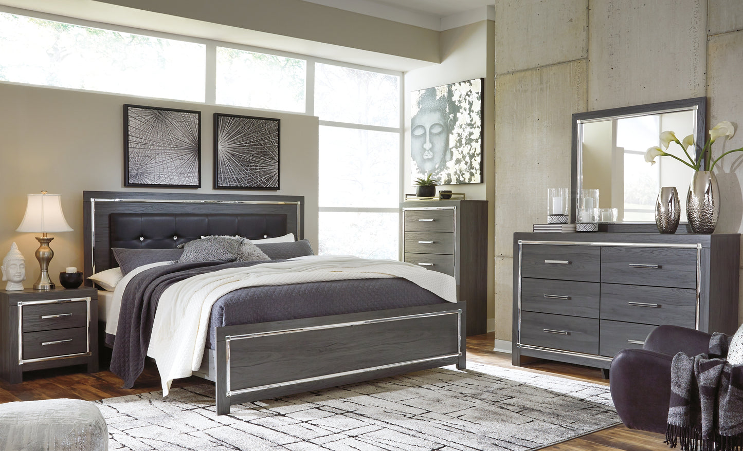 Lodanna King Panel Bed with Mirrored Dresser, Chest and Nightstand Milwaukee Furniture of Chicago - Furniture Store in Chicago Serving Humbolt Park, Roscoe Village, Avondale, & Homan Square