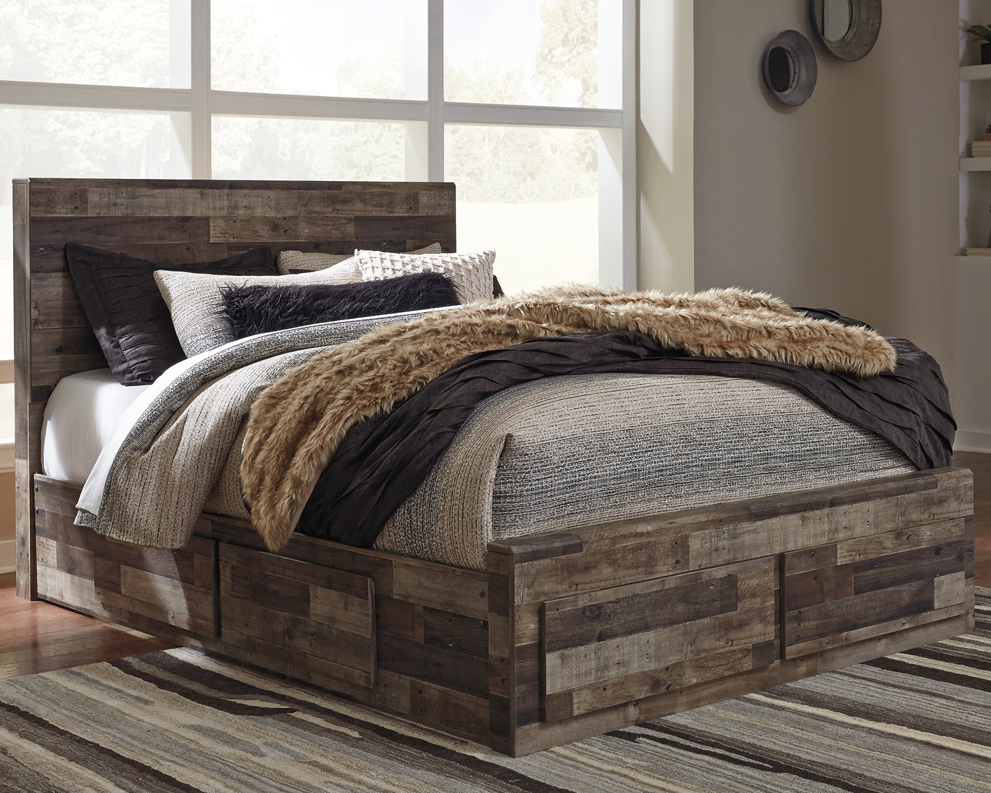 Derekson Queen Panel Bed with 4 Storage Drawers with Mirrored Dresser and 2 Nightstands Milwaukee Furniture of Chicago - Furniture Store in Chicago Serving Humbolt Park, Roscoe Village, Avondale, & Homan Square