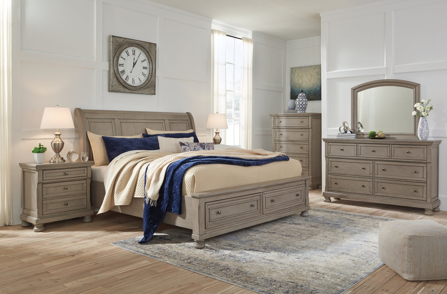 Lettner California King Sleigh Bed with Mirrored Dresser and Chest Milwaukee Furniture of Chicago - Furniture Store in Chicago Serving Humbolt Park, Roscoe Village, Avondale, & Homan Square