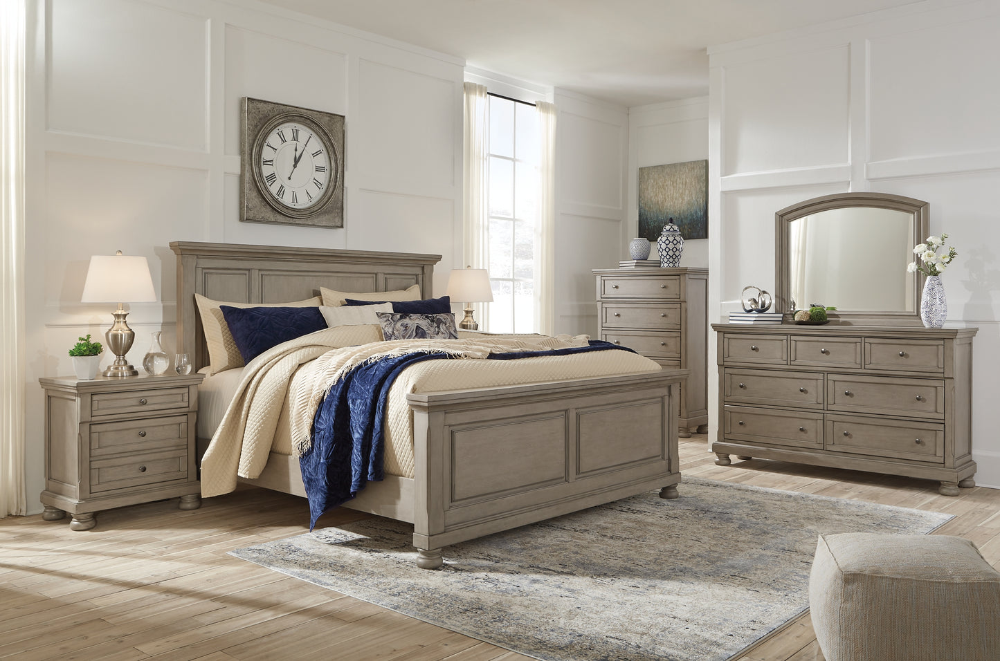 Lettner California King Panel Bed with Mirrored Dresser, Chest and 2 Nightstands Milwaukee Furniture of Chicago - Furniture Store in Chicago Serving Humbolt Park, Roscoe Village, Avondale, & Homan Square