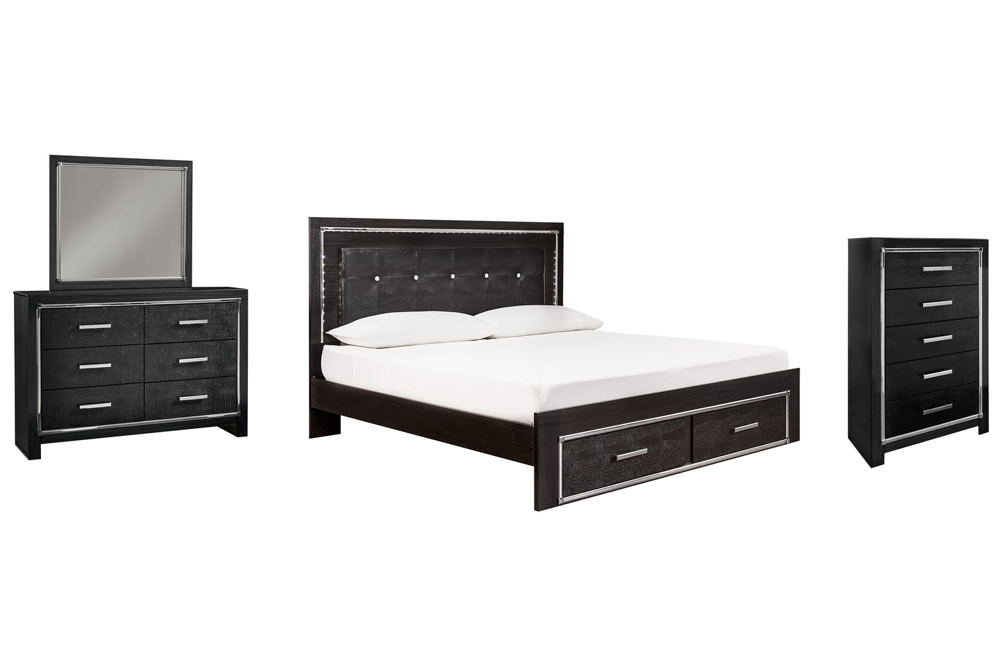 Kaydell King Panel Bed with Storage with Mirrored Dresser and Chest Milwaukee Furniture of Chicago - Furniture Store in Chicago Serving Humbolt Park, Roscoe Village, Avondale, & Homan Square