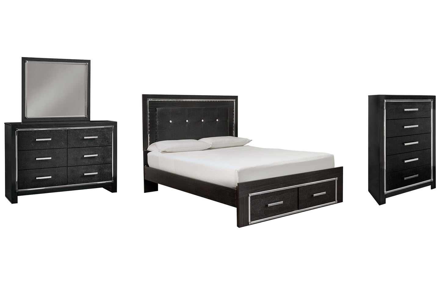 Kaydell Queen Panel Bed with Storage with Mirrored Dresser and Chest Milwaukee Furniture of Chicago - Furniture Store in Chicago Serving Humbolt Park, Roscoe Village, Avondale, & Homan Square