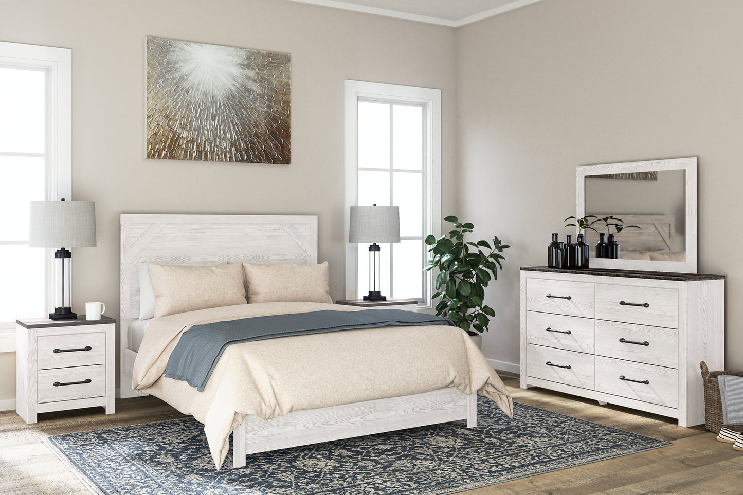 Gerridan Queen Panel Bed with Mirrored Dresser and 2 Nightstands Milwaukee Furniture of Chicago - Furniture Store in Chicago Serving Humbolt Park, Roscoe Village, Avondale, & Homan Square