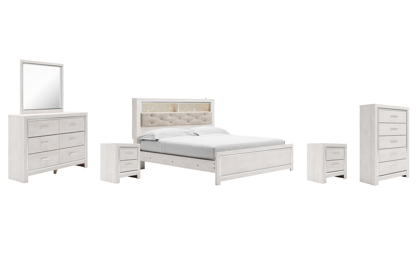 Altyra King Panel Bookcase Bed with Mirrored Dresser, Chest and 2 Nightstands Milwaukee Furniture of Chicago - Furniture Store in Chicago Serving Humbolt Park, Roscoe Village, Avondale, & Homan Square