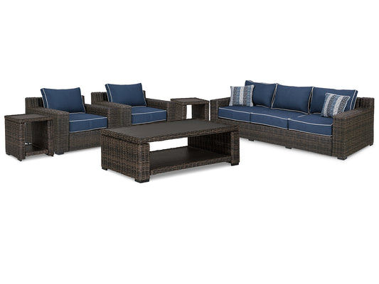 Grasson Lane Outdoor Sofa and  2 Lounge Chairs with Coffee Table and 2 End Tables Milwaukee Furniture of Chicago - Furniture Store in Chicago Serving Humbolt Park, Roscoe Village, Avondale, & Homan Square