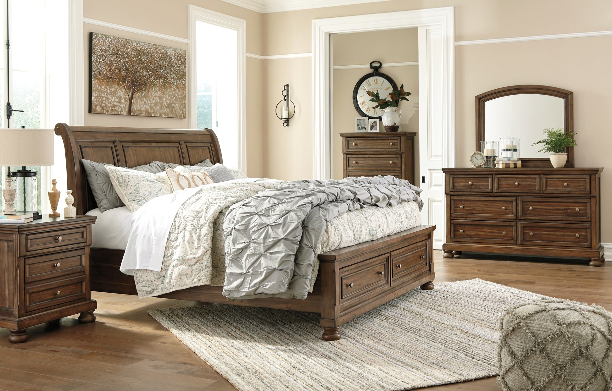 Flynnter Queen Sleigh Bed with 2 Storage Drawers with Mirrored Dresser, Chest and Nightstand Milwaukee Furniture of Chicago - Furniture Store in Chicago Serving Humbolt Park, Roscoe Village, Avondale, & Homan Square