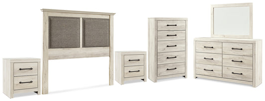 Cambeck King/California King Upholstered Panel Headboard with Mirrored Dresser, Chest and 2 Nightstands Milwaukee Furniture of Chicago - Furniture Store in Chicago Serving Humbolt Park, Roscoe Village, Avondale, & Homan Square