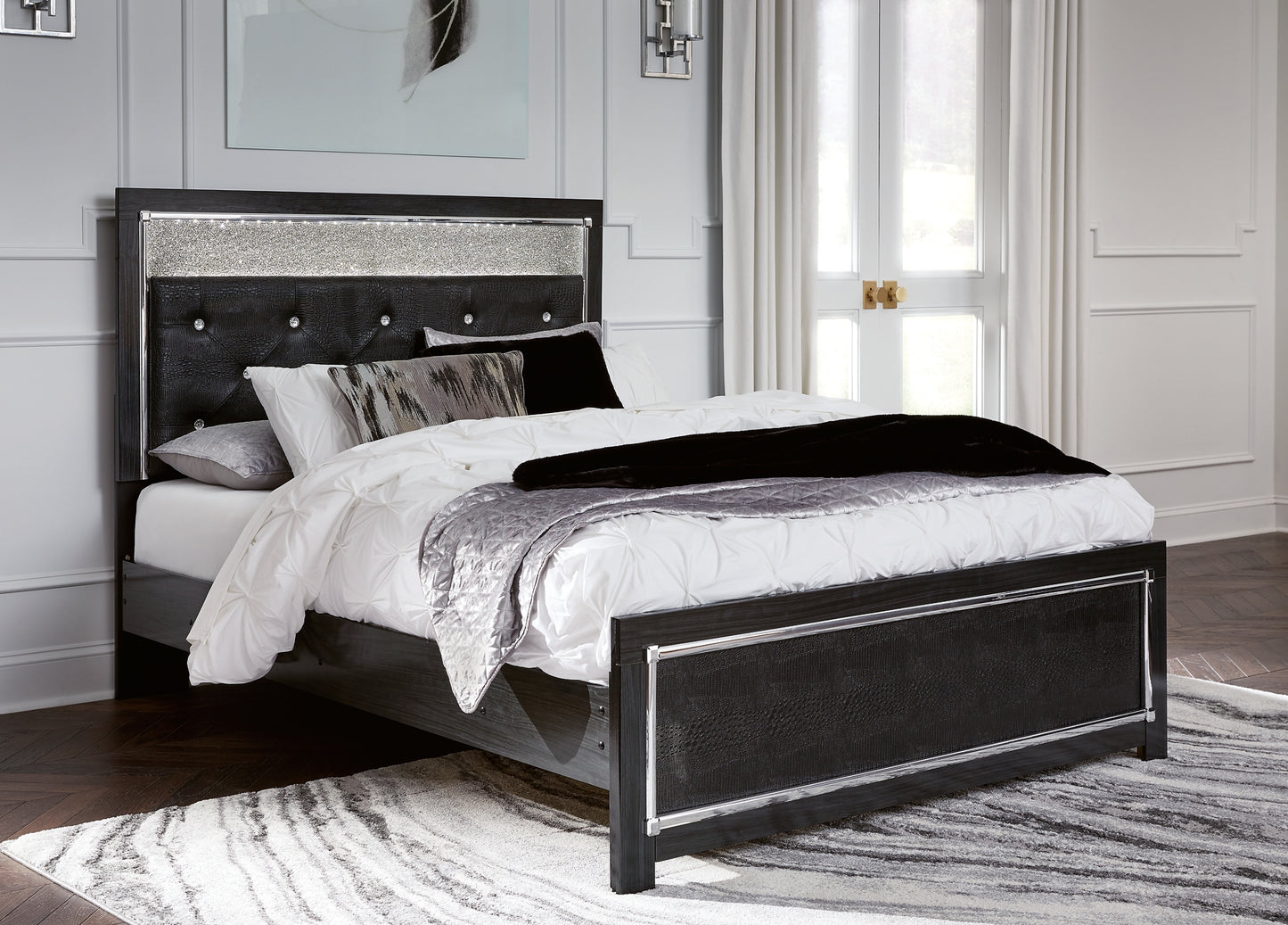 Kaydell Queen Upholstered Panel Bed with Mirrored Dresser and 2 Nightstands Milwaukee Furniture of Chicago - Furniture Store in Chicago Serving Humbolt Park, Roscoe Village, Avondale, & Homan Square
