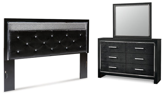Kaydell King Upholstered Panel Headboard with Mirrored Dresser Milwaukee Furniture of Chicago - Furniture Store in Chicago Serving Humbolt Park, Roscoe Village, Avondale, & Homan Square
