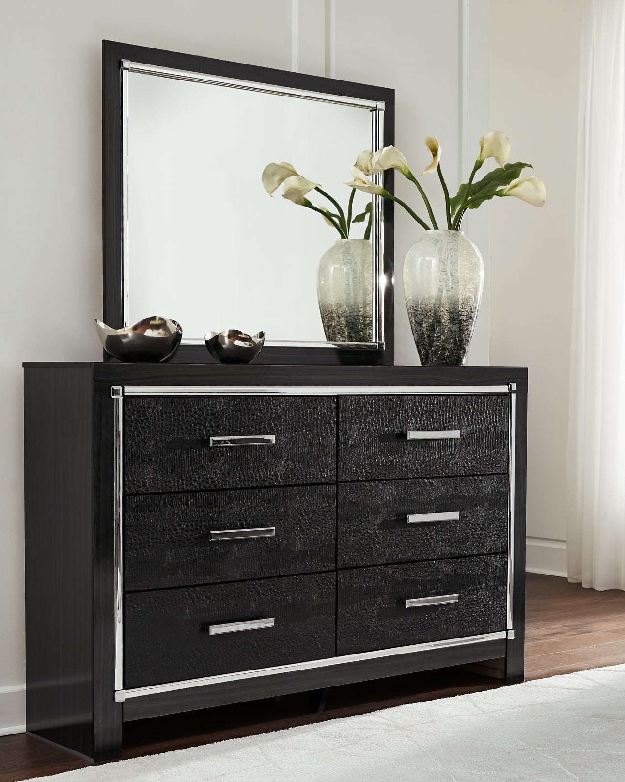 Kaydell King Upholstered Panel Headboard with Mirrored Dresser Milwaukee Furniture of Chicago - Furniture Store in Chicago Serving Humbolt Park, Roscoe Village, Avondale, & Homan Square