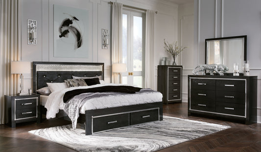 Kaydell King Upholstered Panel Storage Platform Bed with Mirrored Dresser, Chest and 2 Nightstands Milwaukee Furniture of Chicago - Furniture Store in Chicago Serving Humbolt Park, Roscoe Village, Avondale, & Homan Square