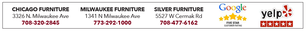 Store locations and phone numbers of Milwaukee Furniture with Google and Yelp review badges.
