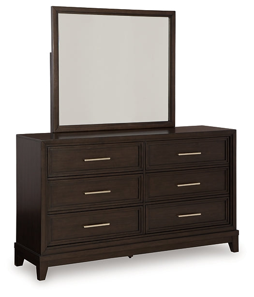 Neymorton Queen Upholstered Panel Bed with Mirrored Dresser and Nightstand