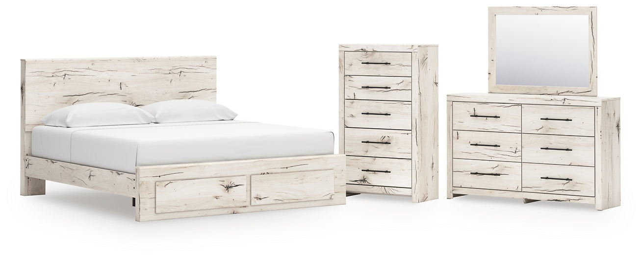 Lawroy King Panel Storage Bed with Mirrored Dresser and Chest