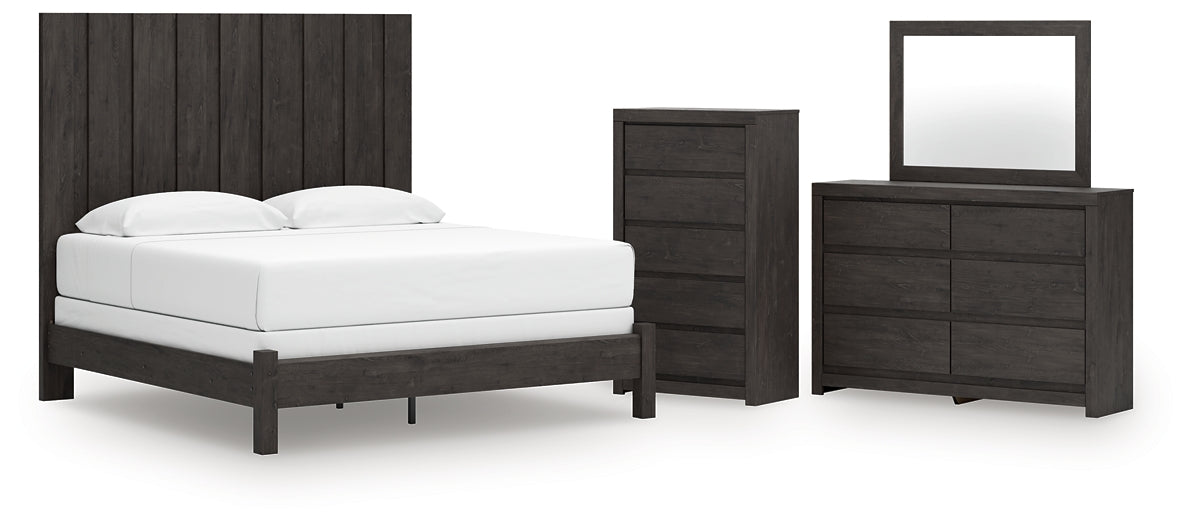 Fraluna King Panel Bed with Mirrored Dresser and Chest