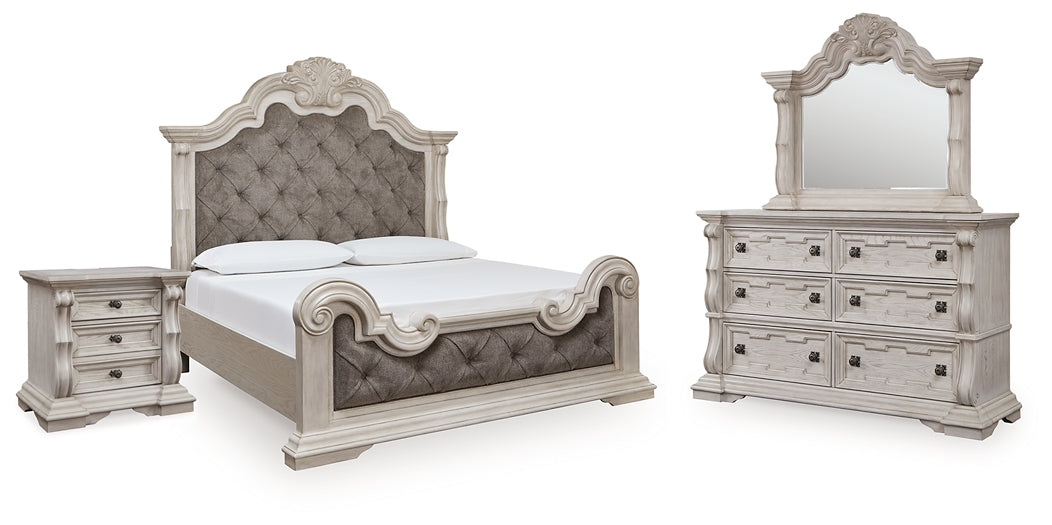 Bruchandi California King Upholstered Panel Bed with Mirrored Dresser and Nightstand