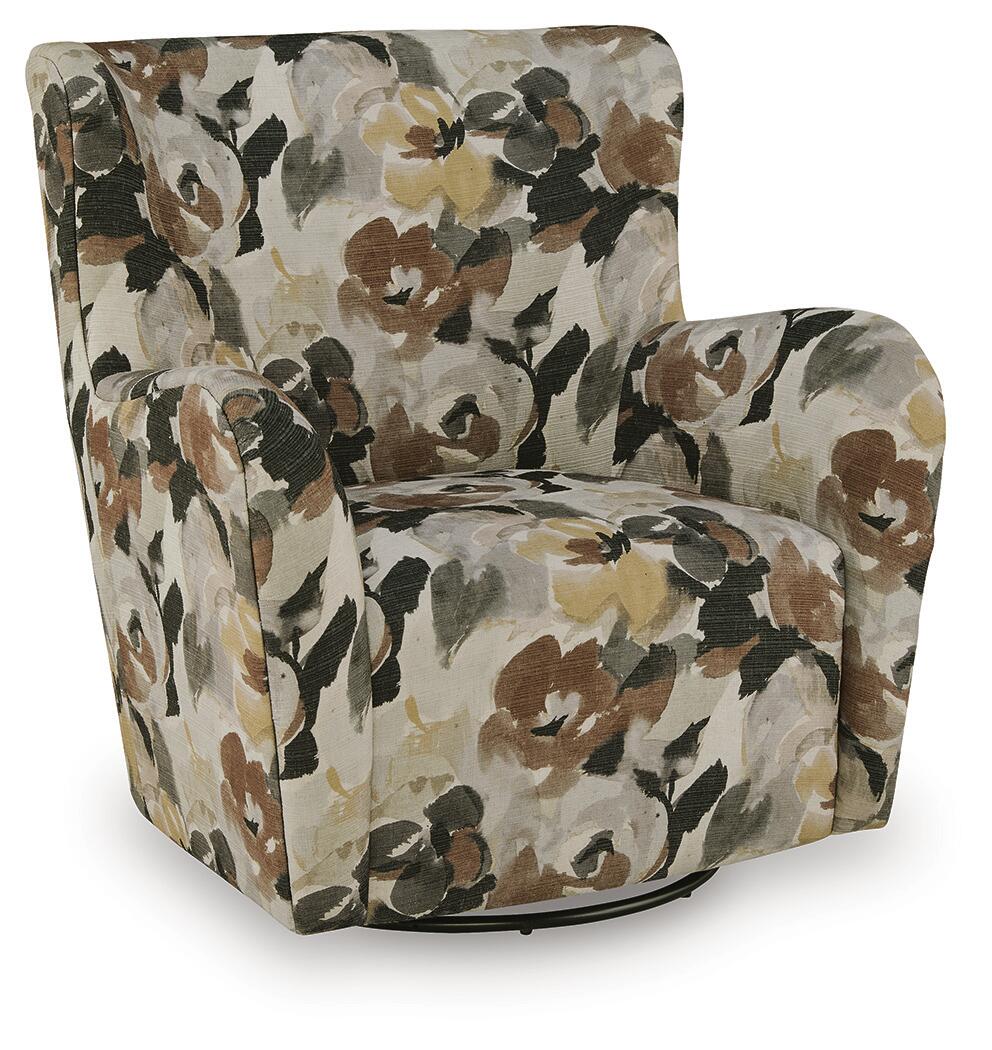 Floral upholstered accent chair with rounded arms, angled view