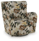 Floral upholstered accent chair with rounded arms, angled view