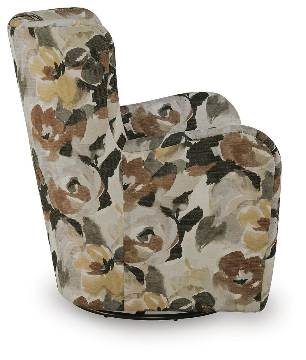 Cream, green, and brown floral upholstered accent chair, side view