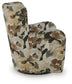 Cream, green, and brown floral upholstered accent chair, side view