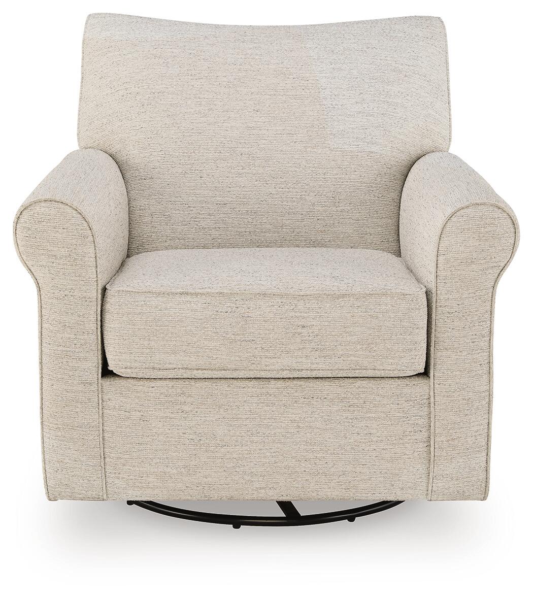 Cream upholstered accent chair with rounded arms, front view