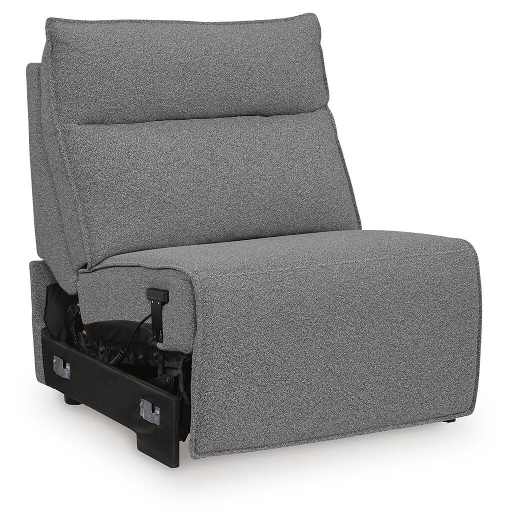 Gray upholstered armless sectional seat with a padded back