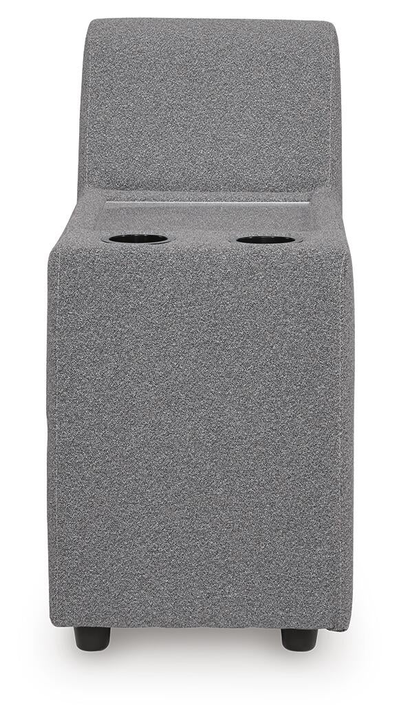 Narrow gray upholstered sectional console, front view